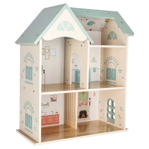 DREWNIANY DOMEK DLA LALEK LULILO 56CM MIĘTOWY 3 PIĘTRA MEBELKI AKCESORIA