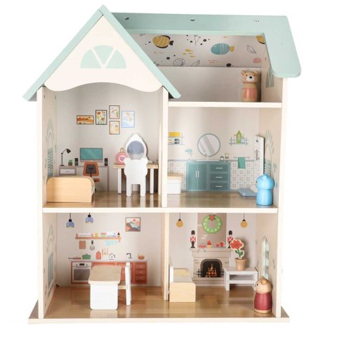 DREWNIANY DOMEK DLA LALEK LULILO 56CM MIĘTOWY 3 PIĘTRA MEBELKI AKCESORIA