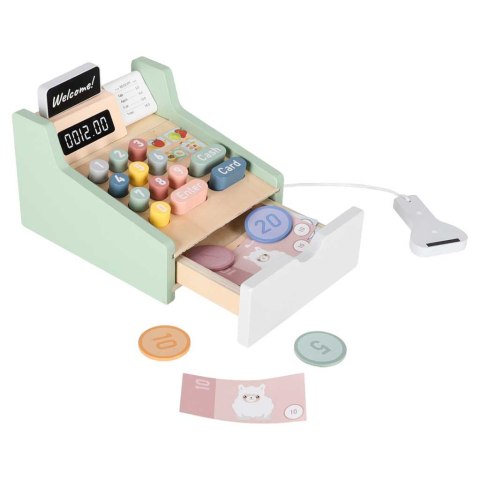 DREWNIANA KASA SKLEPOWA FISKALNA DLA DZIECI TERMINAL SKANER BANKNOTY MONETY