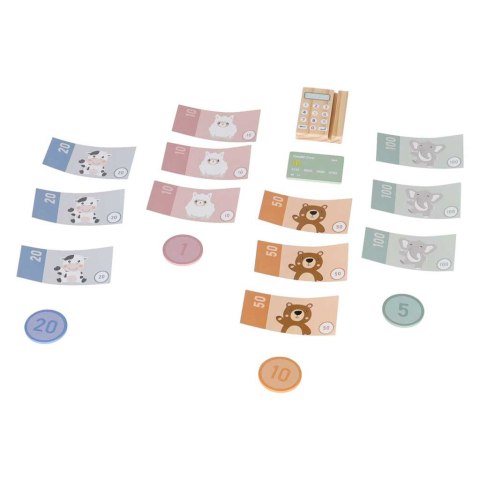 DREWNIANA KASA SKLEPOWA FISKALNA DLA DZIECI TERMINAL SKANER BANKNOTY MONETY
