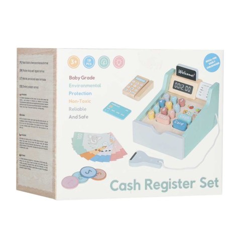 DREWNIANA KASA SKLEPOWA FISKALNA DLA DZIECI TERMINAL SKANER BANKNOTY MONETY
