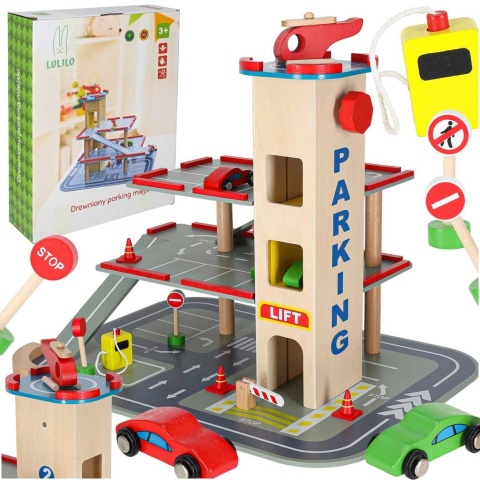 PARKING GARAŻ DREWNIANY 4 PIĘTROWY 2 AUTKA HELIKOPTER ZNAKI LULILO BENINO