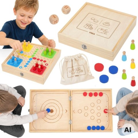 VIGA Drewniana gra zręcznościowa 4w1 Hokej stołowy Curling Bowling Ludo