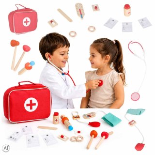 DREWNIANY ZESTAW LEKARSKI DLA DZIECI MAŁY DOKTOR LEKARZ TORBA AKCESORIA