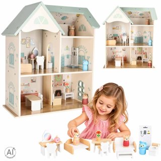 DREWNIANY DOMEK DLA LALEK LULILO 56CM MIĘTOWY 3 PIĘTRA MEBELKI AKCESORIA