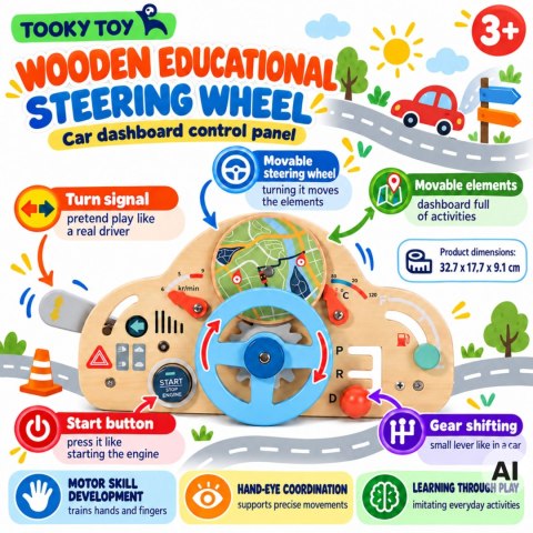 TOOKY TOY Drewniana Tablica Manipulacyjna Kierownica Edukacyjna Montessori 3+