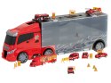 Transporter ciężarówka TIR wyrzutnia w walizce + 7 aut 13 luków straż pożarna 57cm XXL