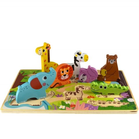 Tooky Toy Drewniane Puzzle Montessori Zwierzątka ZOO Safari Dopasuj Kształty