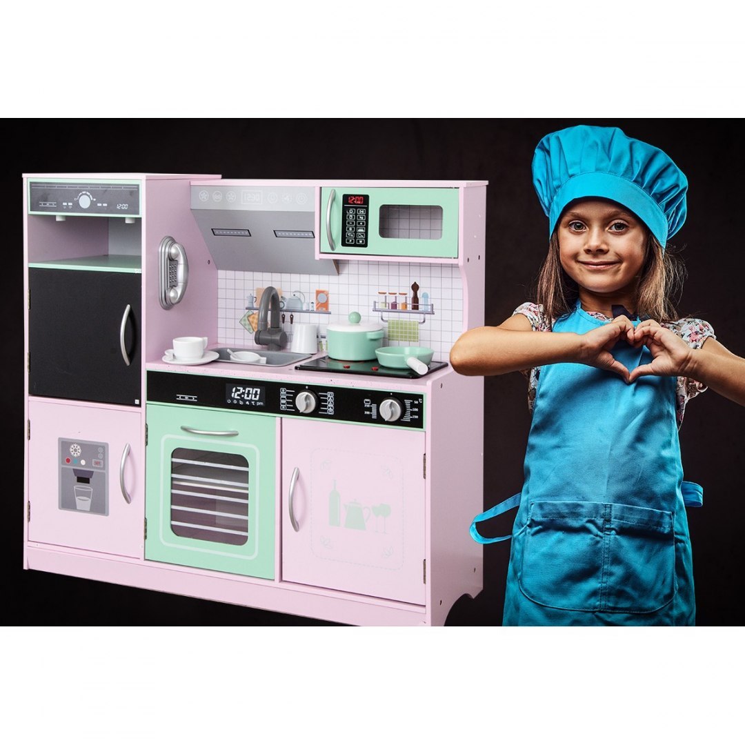 Kuchnia drewniana dla dzieci podświetlane palniki 87x30x83,5 cm różowa