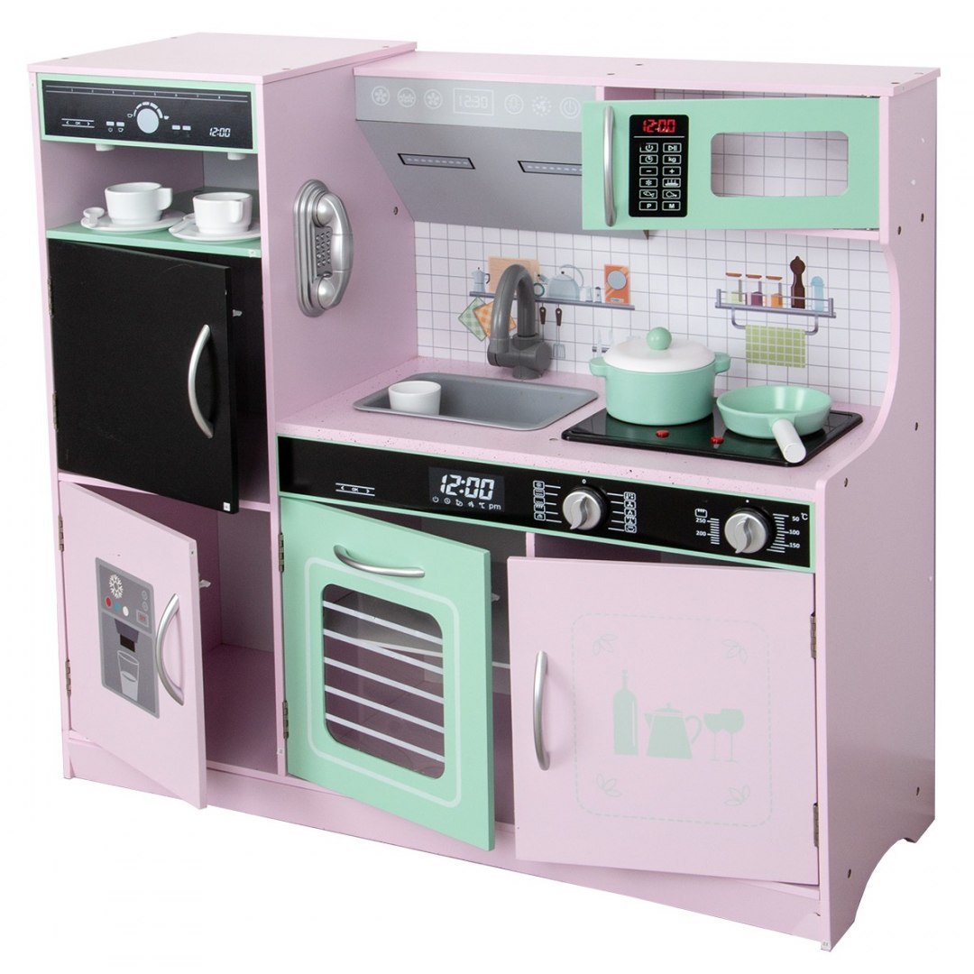 Kuchnia drewniana dla dzieci podświetlane palniki 87x30x83,5 cm różowa