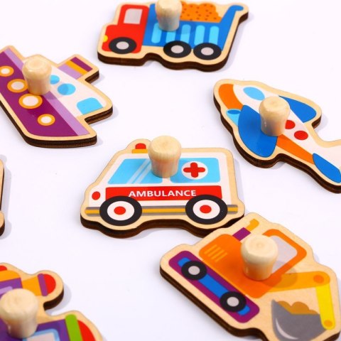 TOOKY TOY Drewniane Puzzle Montessori Transport Pojazdy z Pinezkami Do Dopasowania