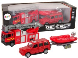 Zestaw Pojazdów Straż Pożarna Naciąg Motorówka Jeep Czerwony