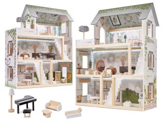 DUŻY DREWNIANY DOMEK DLA LALEK LULILO FLORO BOHO LED 78CM 3 POZIOMY MEBELKI
